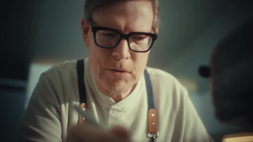 Man wearing glasses and an apron stirring a drink with a spoon behind a counter