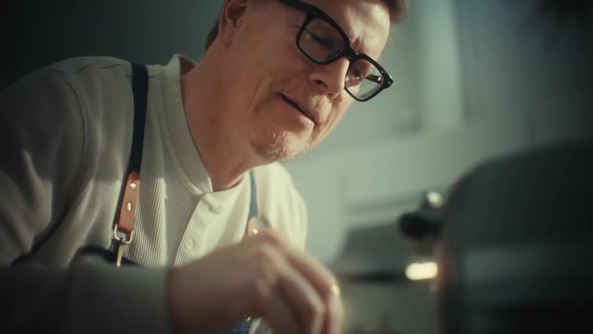 Man wearing glasses and apron uses a utensil to stir mixture in a container