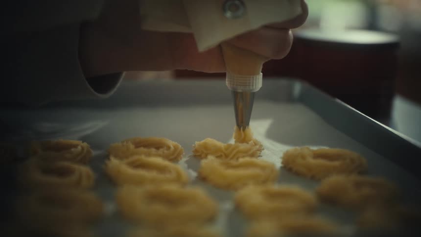 Piping nozzle deposits dough forming rings on a tray