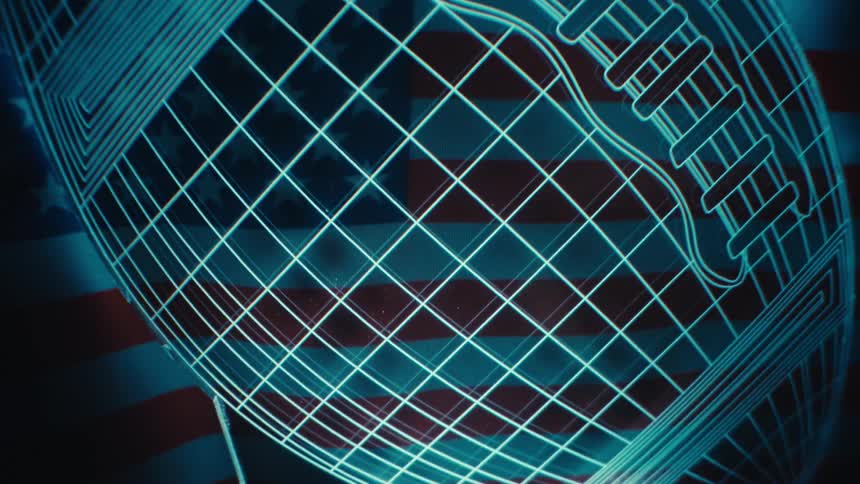 An animated artwork of an american football drawn with blue lines in front of an american flag