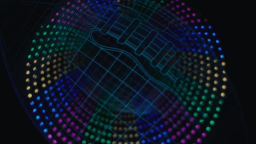 A futuristic holographic object made of glowing grid lines and colorful digital dots rotates against a dark background