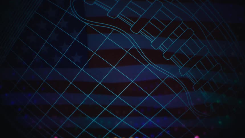 An animation of american football displayed on a dark screen drawn with blue lines