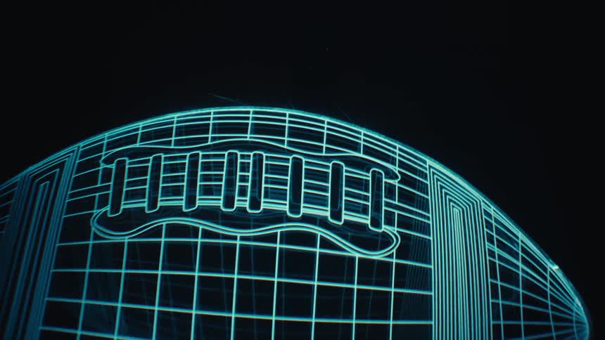 An animation of an american football drawn with blue lines on a dark background
