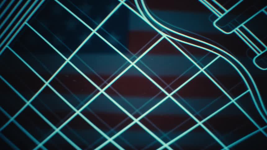 Glowing neon lines forming a curved futuristic digital grid pattern on a dark background