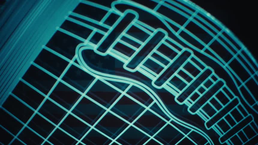Glowing neon wireframe american football spinning above a digital grid in a dark futuristic scifi sports tech scene