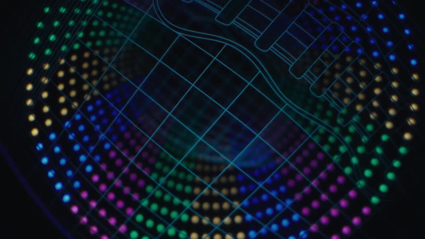 An animated artwork of a baseball on a display surrounded by a rainbow led circle