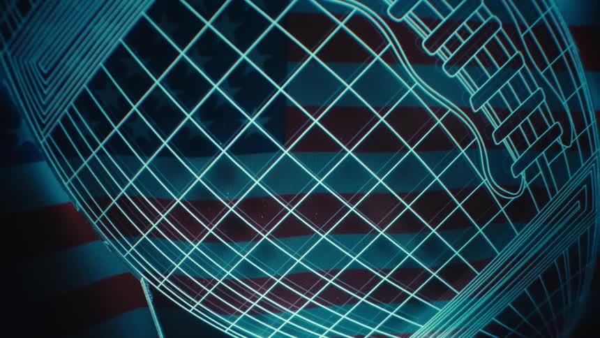 Glowing digitized outline of a football with an american flag in the distance