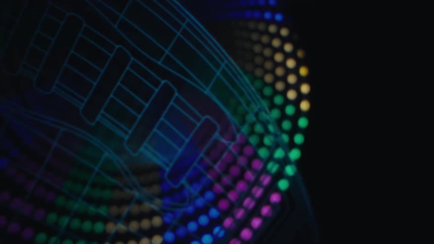 A glowing wireframe sphere hovers above a colorful led like grid forming a futuristic digital tunnel