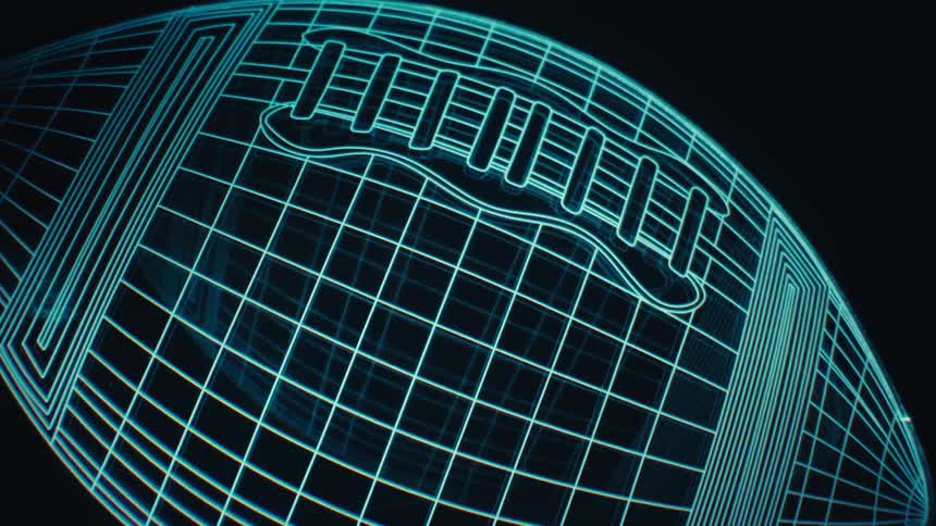 An animated drawing of an american football on a digital screen drawn with blue lines against a black background