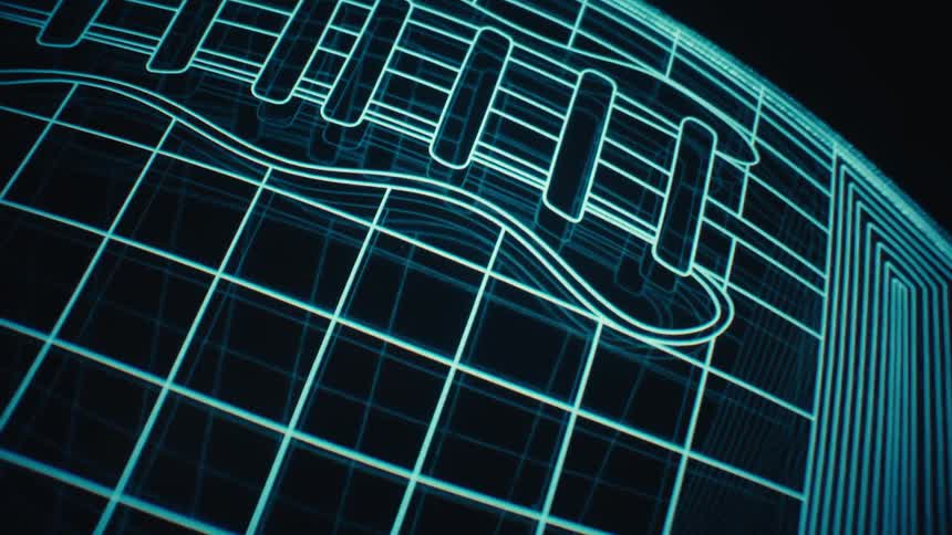 A glowing blue wireframe of an american football rotates against a dark minimalist background