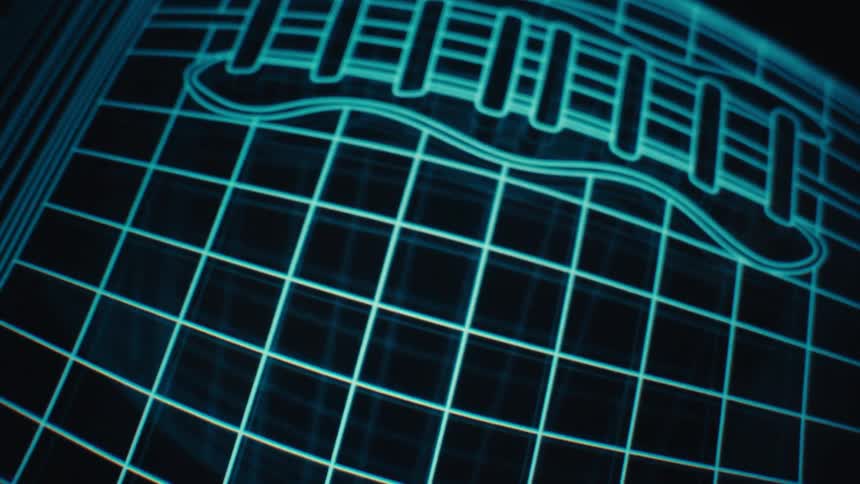 A glowing blue holographic wireframe in a dark setting suggests a futuristic digital interface design