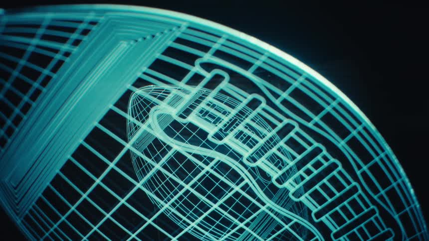 A glowing blue wireframe sphere with circuit patterns appears against a dark background