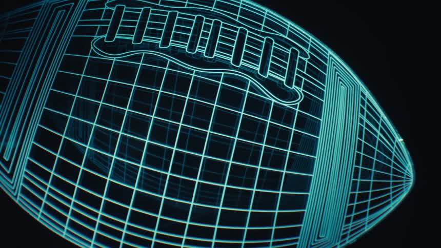 An animated drawing of a baseball in blue lines against a dark background