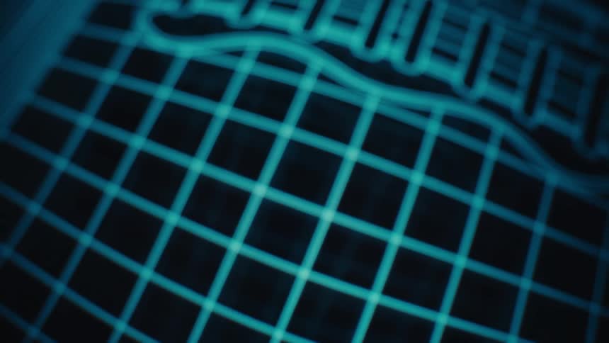 A glowing blue grid football rotates creating a futuristic holographic effect against a dark background