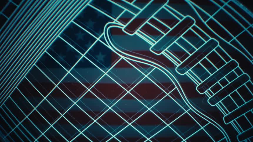 Glowing digitized outline of a football with an american flag in the distance