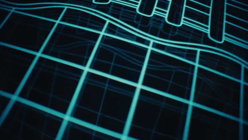 An animated artwork of an american football drawn with blue lines on a dark background