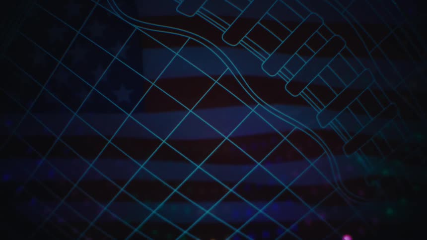 Futuristic glowing digital football with neon grid lines and a usa flag overlay in a dark cgi environment