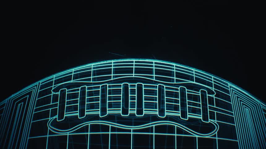 A digital animation of a blue wireframe football