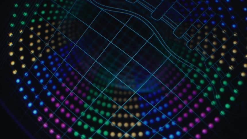 A glowing circle grid of multicolored lights forms abstract patterns beneath faintsquare outlines