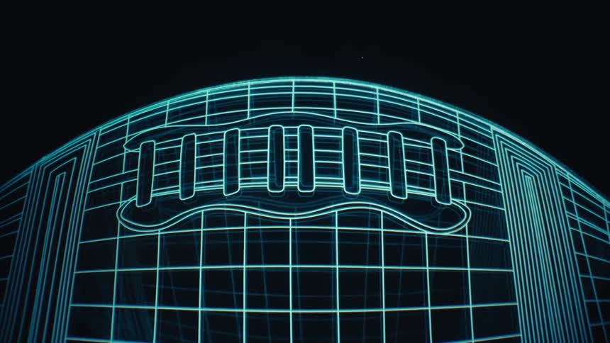 An animated drawing of an american football on a digital screen drawn with blue lines against a black background