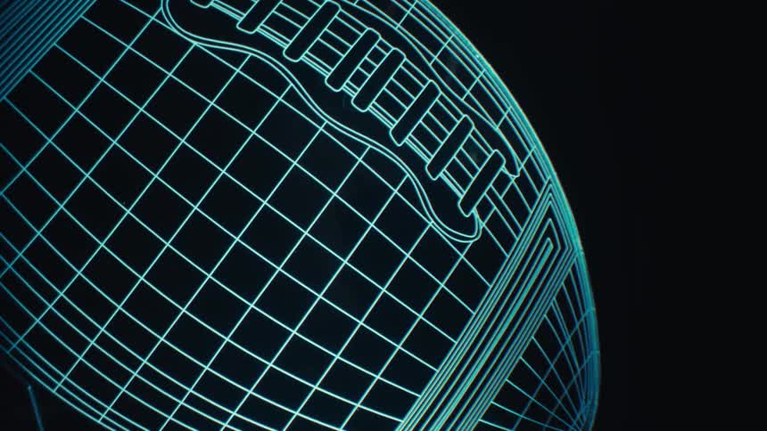 Glowing digitized outline of a football in the darkness