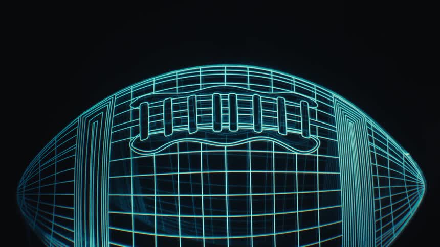Glowing digitized outline of a football in the darkness