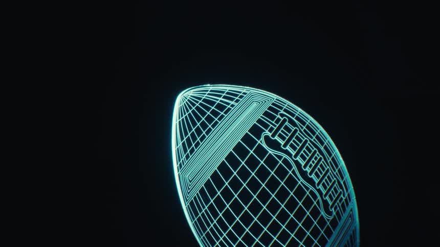 Glowing digitized outline of a football in the darkness