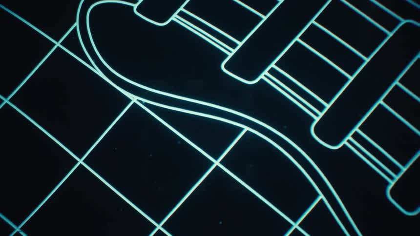 Glowing neon blue digital grid lines forming a curved futuristic interface surface in a dark technological environment