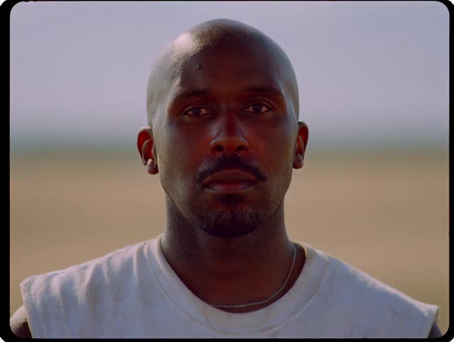 A close static shot shows a bald man with a serious expression looking directly into the camera while standing outside on a sunny day