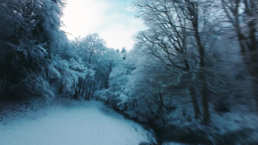 Narrow stream cuts through a snowcovered field surrounded by trees in a winter landscape