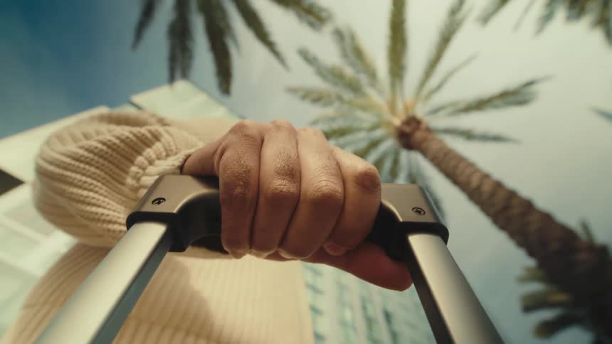 Man pulls his luggage as he walks by palm trees in front of a building