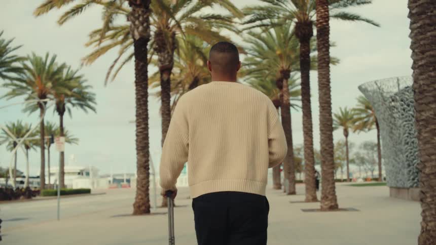 Man pulls his luggage as he walks on a sidewalk between palm trees