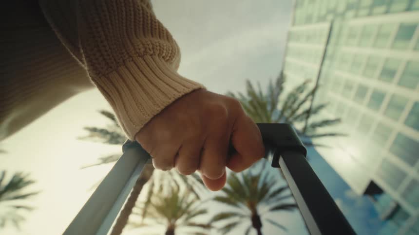 A lowangle view shows a person pulling a rolling suitcase while walking beneath tall palm trees beside a modern building in bright sunlight