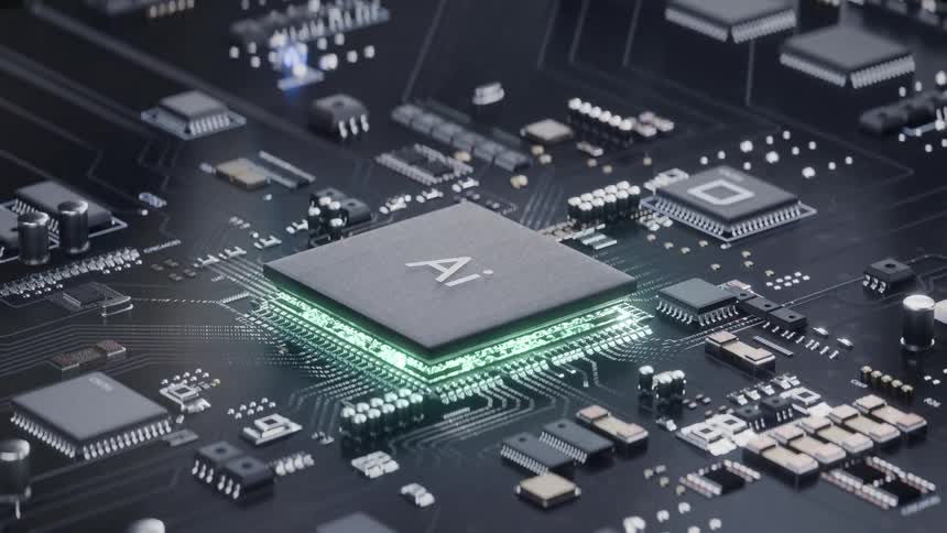 A computer processor chip mounted on a circuit board with glowing connections