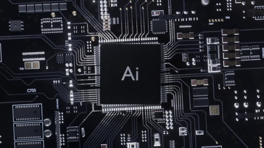 A black circuit board where a central processor featuring an ai logo illuminates with green light as electrical signals pulse through the surrounding metallic traces and small hardware components on the tech surface