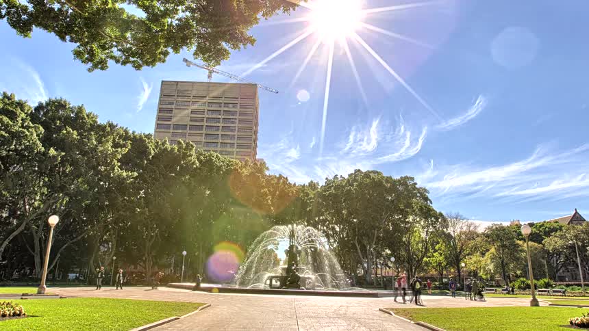 People walk down a paved pathway under a canopy of fig trees towards a large ornamental fountain and cathedral