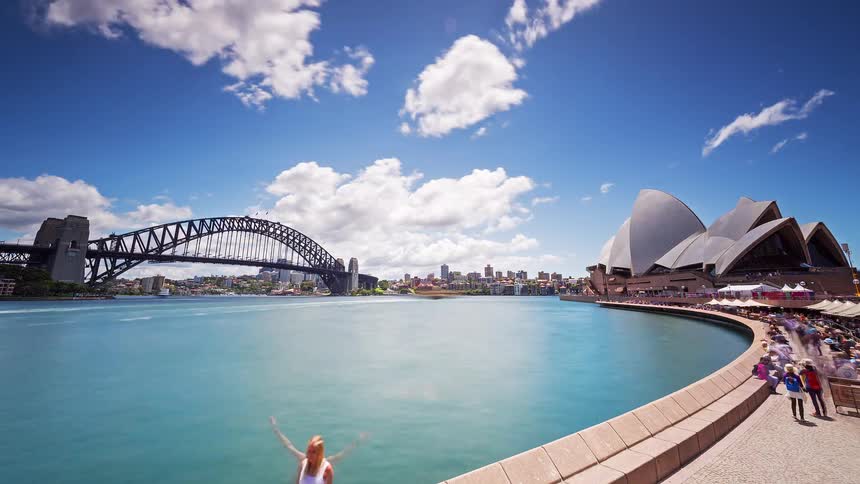 The sydney opera house and harbour bridge stand under a bright blue sky with moving clouds while people walk along the sunlit waterfront promenade next to the calm turquoise water of the harbor during a clear day