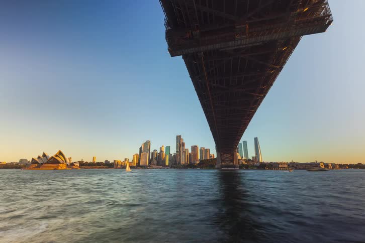 Time lapse of the sydney harbor bridge and opera house against the city skyline at dusk
