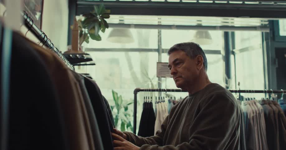 A middleaged man stands inside a bright clothing store near large windows thoughtfully examining a jacket on a rack while rows of neatly hung garments and soft daylight create a calm shopping atmosphere around him