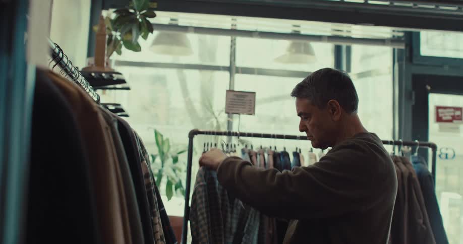 A man browses a clothing rack in a store and inspects a checkered shirt
