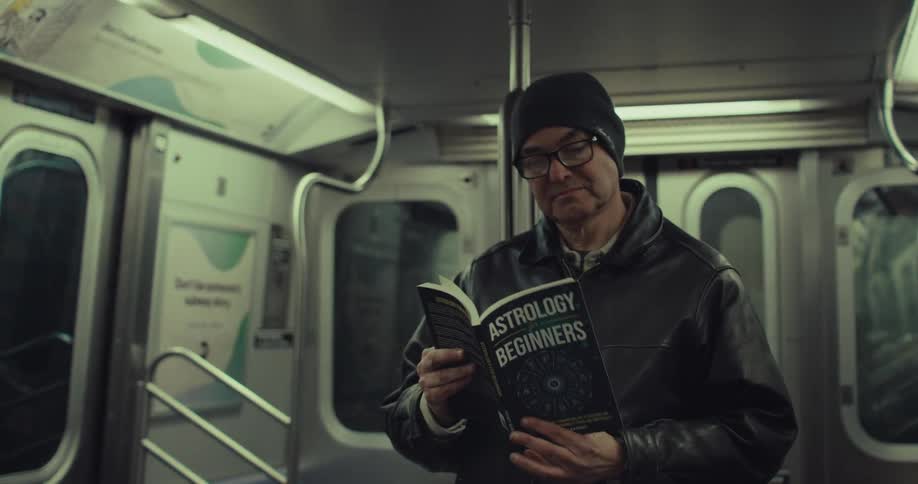 A man wearing glasses a black beanie and a leather jacket stands inside a subway car under fluorescent lights calmly reading a book titled astrology for beginners while holding onto a vertical pole nearby
