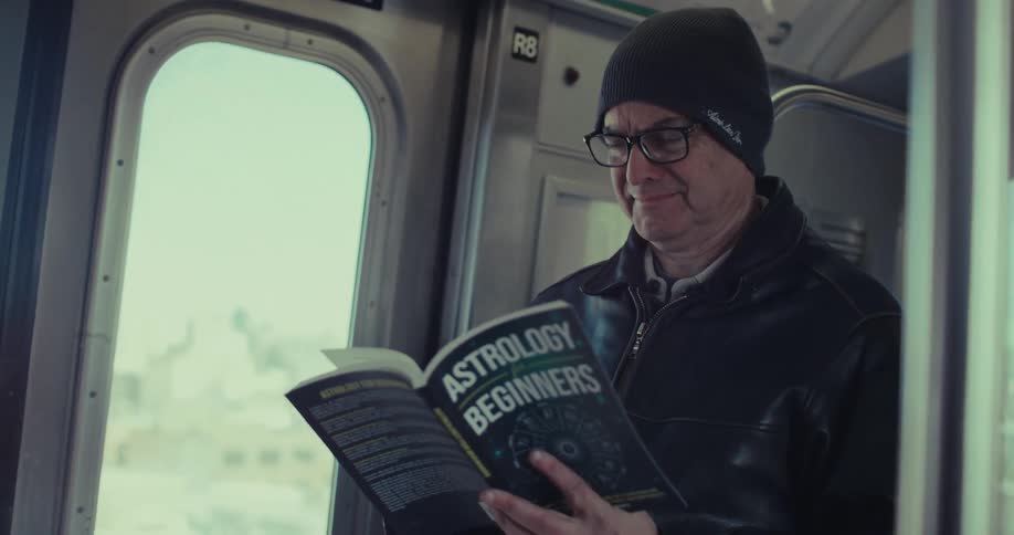 An older man wearing a black beanie and leather jacket sits inside a moving subway car while intently reading a book titled astrology for beginners as a city landscape passes by the window