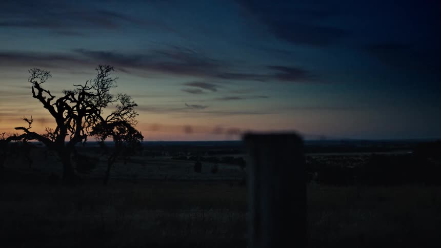 A weathered fence post and strands of barbed wire stand in sharp focus against a darkening rural landscape in the background the silhouettes of twisted trees and a faint orange glow on the horizon mark the final moments of twilight
