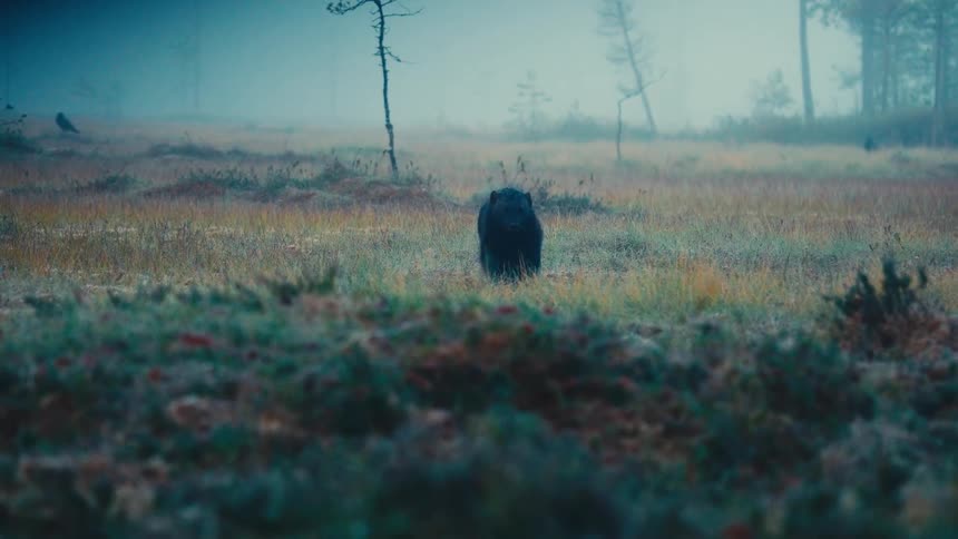 The bear is charging through the foggy field
