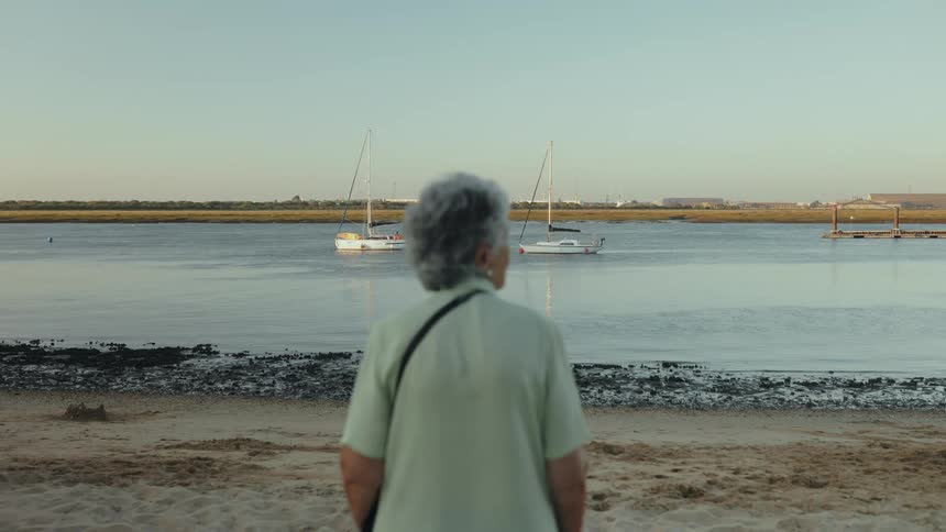 Elderly person from behind looking at a river with anchored sailboats near the shore