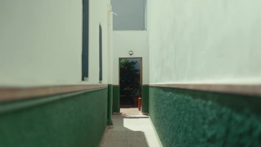 A narrow alley between white buildings opens to a doorway revealing a decorated courtyard with greenery