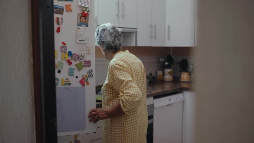 The woman is looking through the fridge in the kitchen