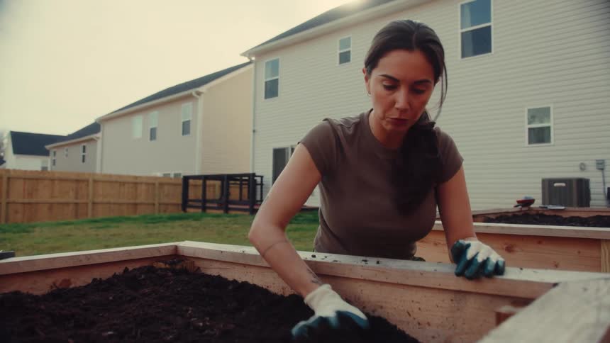 A woman wearing gloves prepares soil in a wooden raised garden bed in a suburban backyard