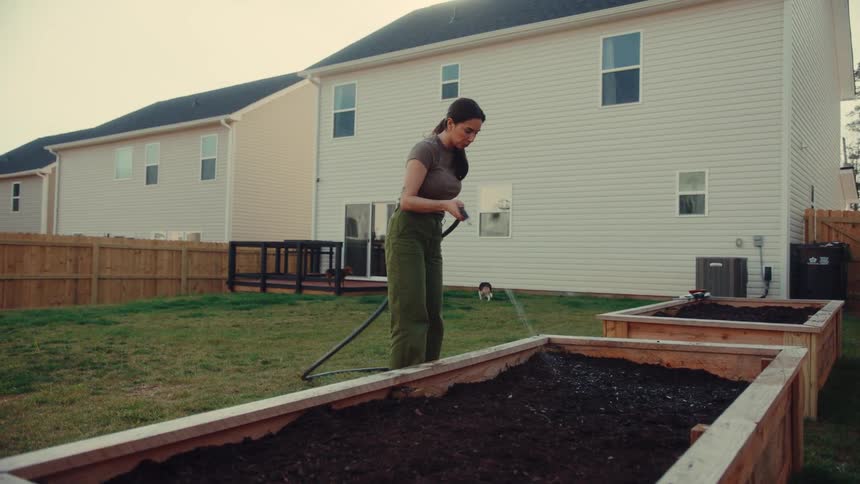 Woman watering a raised soil garden bed with a hose in a residential backyard