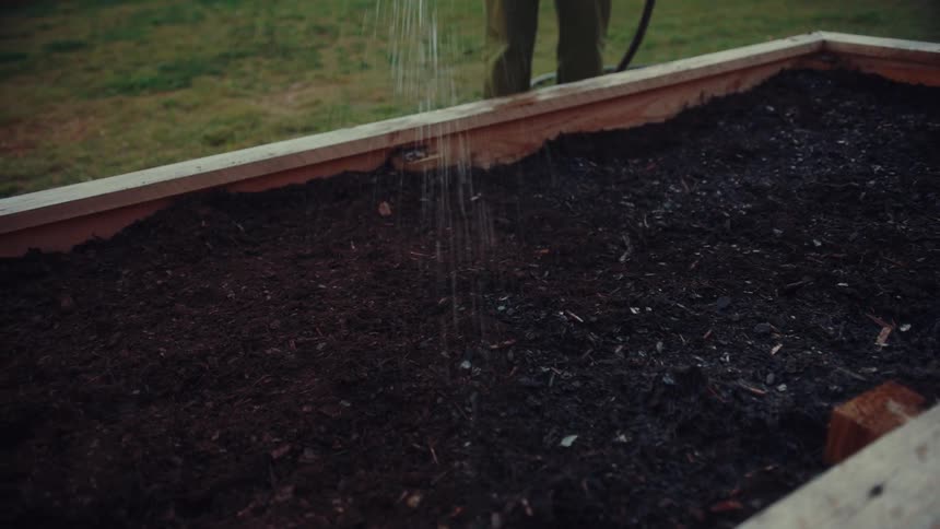 The video shows a closeup of a person watering dark nutrientrich soil inside a wooden raised garden bedthe water flows from a hose in a steady gentle stream saturating the earth to prepare it for planting
